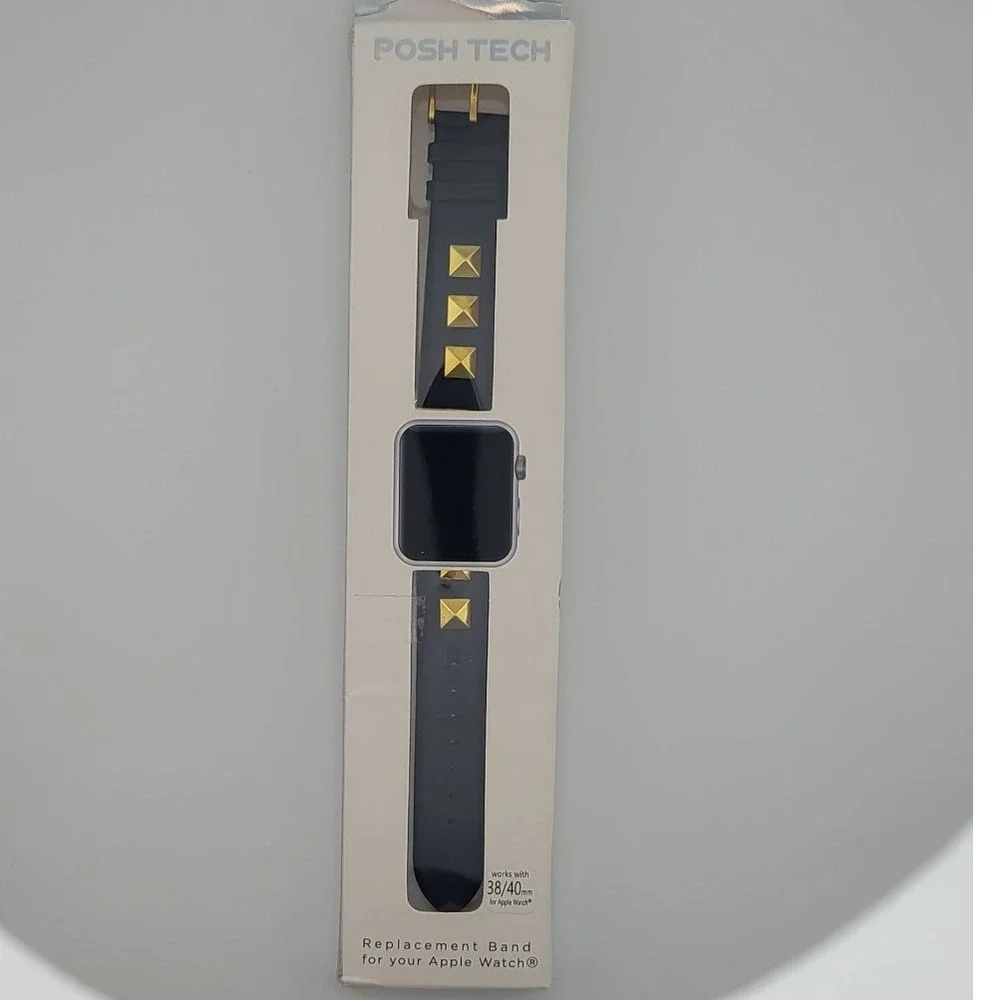 Posh Tech Black Leather Studded Apple Watch Band 38/40mm Gold Pyramid Studs NEW